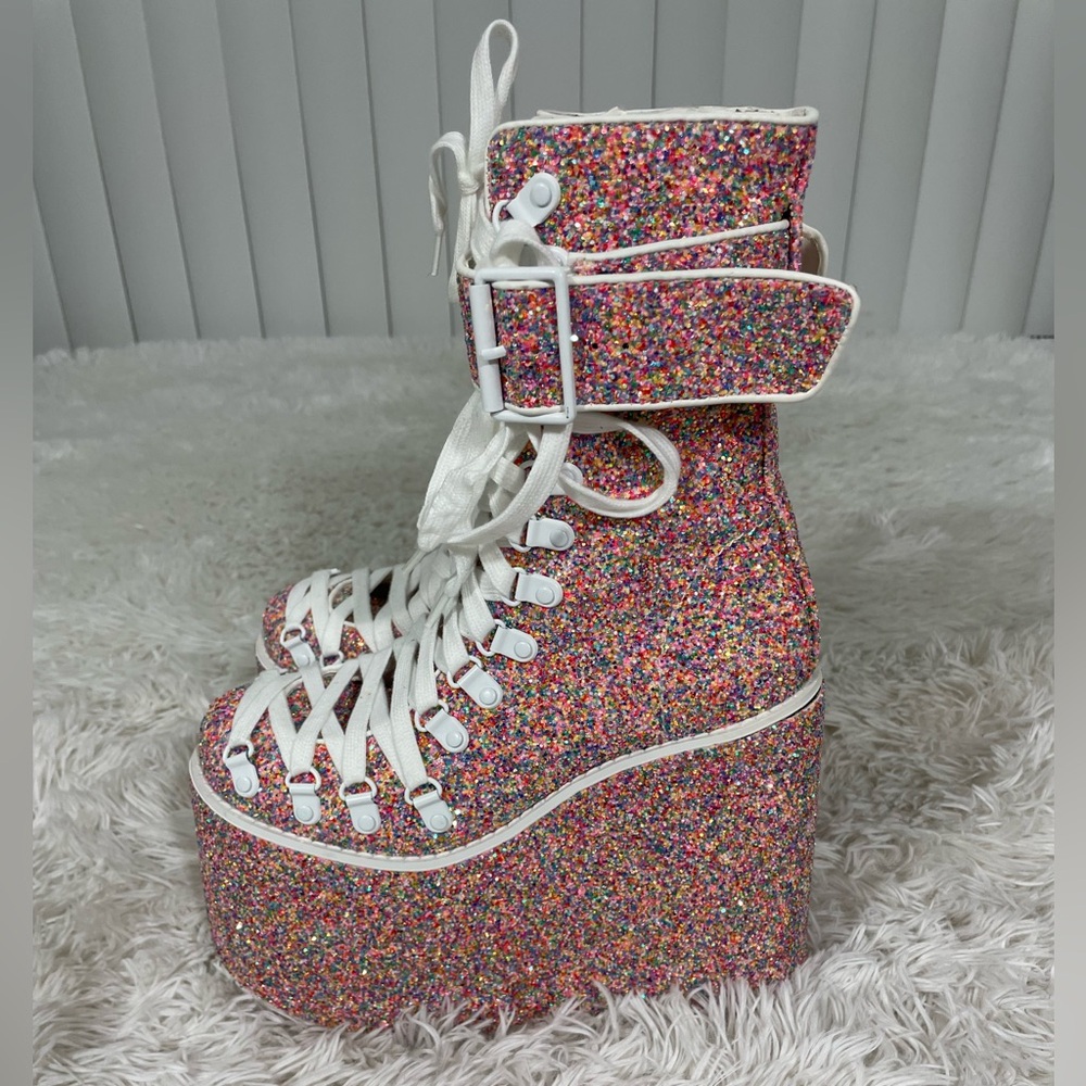 CLUB EXX Sugar Coated Confetti Rainbow Sparkle Traitor Platform Boots Pink 6